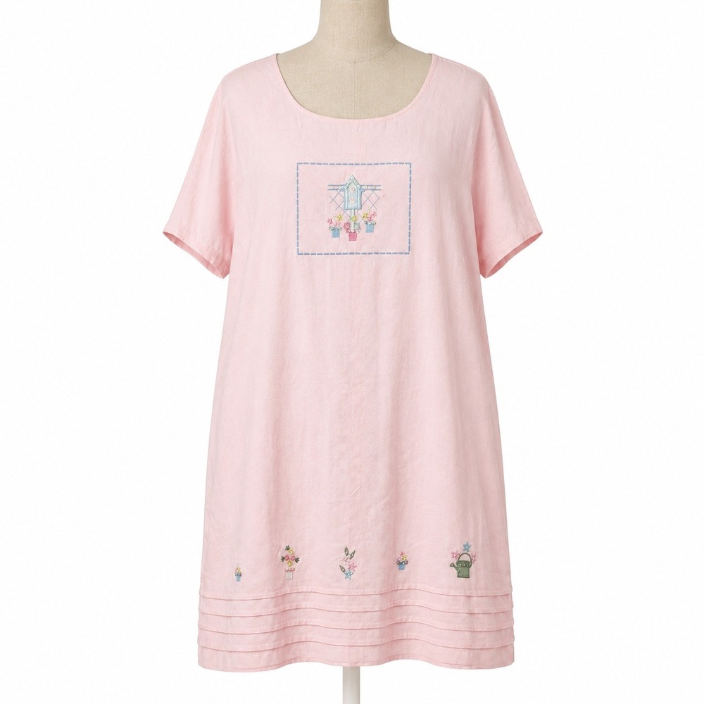 Vintage 90s Embroidered Birdhouse Shirt Dress Sz XL Pink 100% Cotton Cottagecore